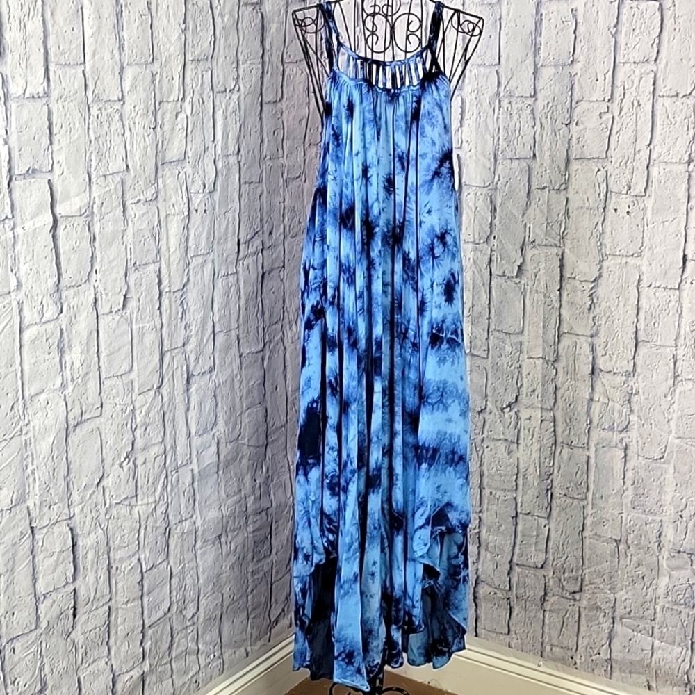 Swimsuits For All One Size Blue‎ Tie Dye Midi Dress Cover -UP with Pockets